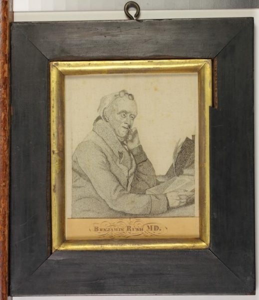 Portrait of Benjamin Rush on silk gifted to the Library Company in 1869 by James Rush