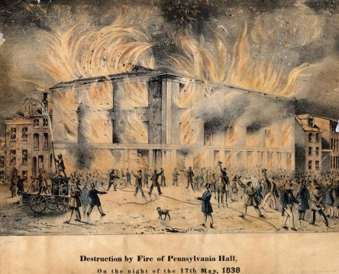 J.C. Wild, Destruction by Fire of Pennsylvania Hall, hand-colored lithograph (Philadelphia, 1838). Library Company digital collections. During the fire, showing the fire companies' refusal to train their hoses on the fire.