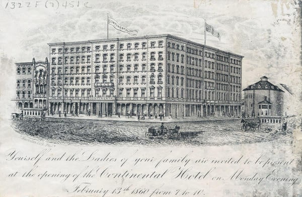 Invitation to the opening of the Continental Hotel including an exterior view of the building