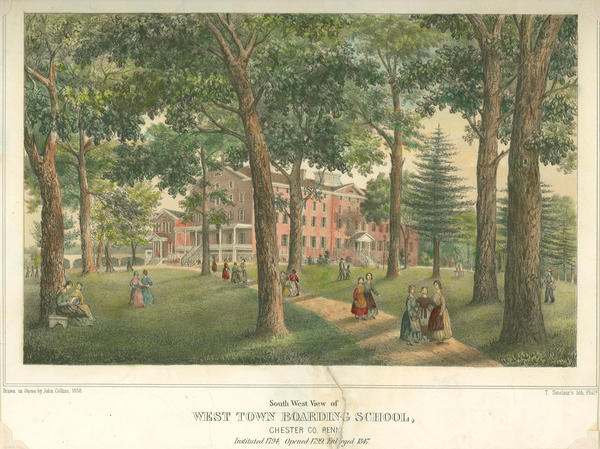 John Collins, South East View of West-town Boarding School. Chester Co. Penna. (Philadelphia: T. Sinclair’s lith., 1858). Hand-colored lithograph. Westtown School Archives.