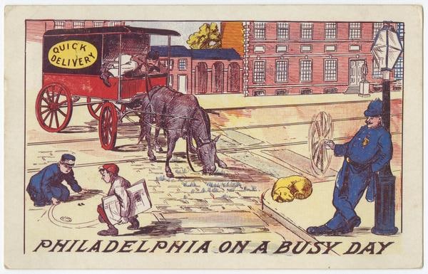 JPG_digitool_96255_Philadelphia on a busy day. Depicts a "Quick Delivery" truck standing in the middle of the street, the driver napping and the horse eating grass from the street. A cop leans on a lamppost and twirls his nightstick. Children play marbles in the street, and a dog sleeps. The building in the background resembles Independence Hall.