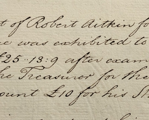 Photograph of LCP directors minutes from 1775 describing Robert Aitkin share transaction