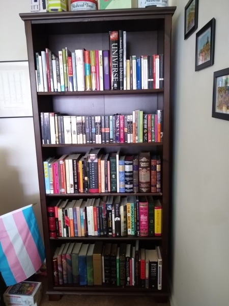 LCP Cataloger Em Ricciardi's book shelf arranged with the LCP system