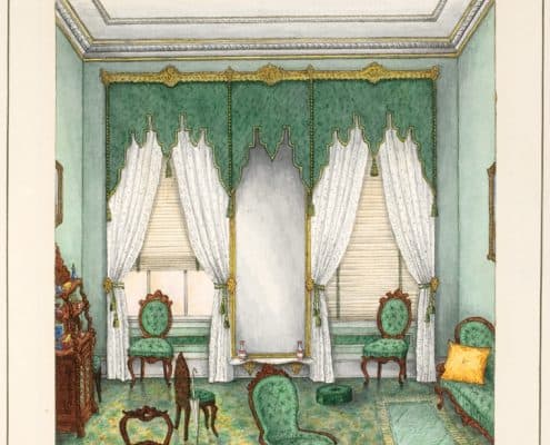 Lewis Album watercolor Front end of Parlor, No. 325 S. 18th Street, 1855-1874. Watercolor by G. Albert Lewis in Anne Lewis album, “Memories of the Homes of Grandma Lewis.”