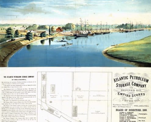 Advertising print. Docked and gliding boats on body of water near buildings and trees, advertising text, and a map.