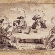 Four white men seated around a table smoking pipes. Speech bubbles extend from their mouths.