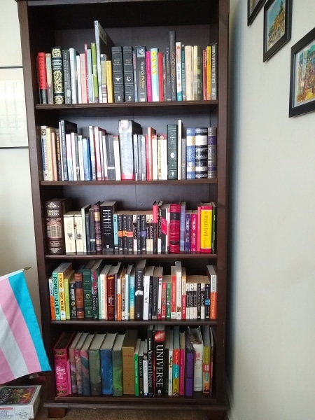 LCP Cataloger Em Ricciardi's book shelf arranged with the Library of Congress system