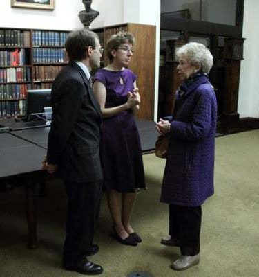 Louise Beardwood talking to Sarah Weatherwax and William Bucher at Library Company event, ca. 2010. Louise Beardwood talking to Sarah Weatherwax and William Bucher at Library Company event, ca. 2010.