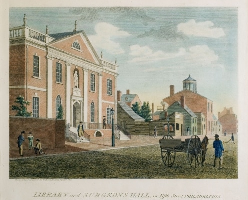 Color engraving of the Library Company of Philadelphia's 1791 building on 5th and Library Streets