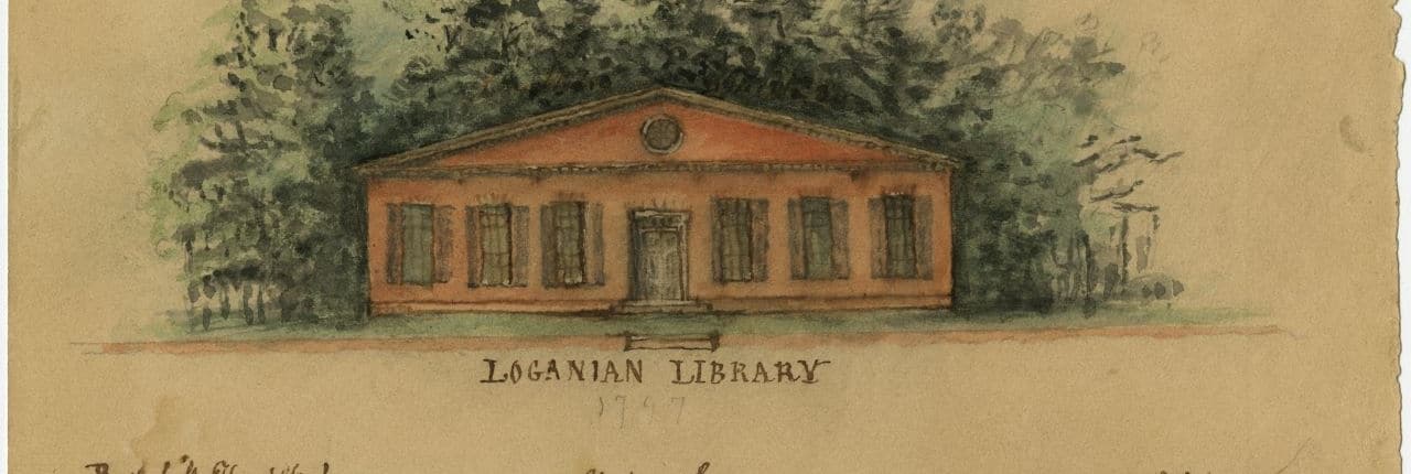 Illustration of exterior of Loganian Library with smaller inset sketches of other buildings at edge of page