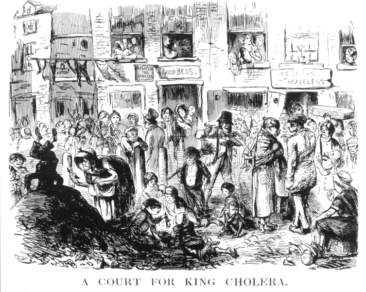 Cartoon depicting squalid conditions with the caption "A Court for King Cholera" from Punch (1852).