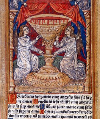 White, robed angels surround a human-sized goblet above several lines of Gothic-style text.