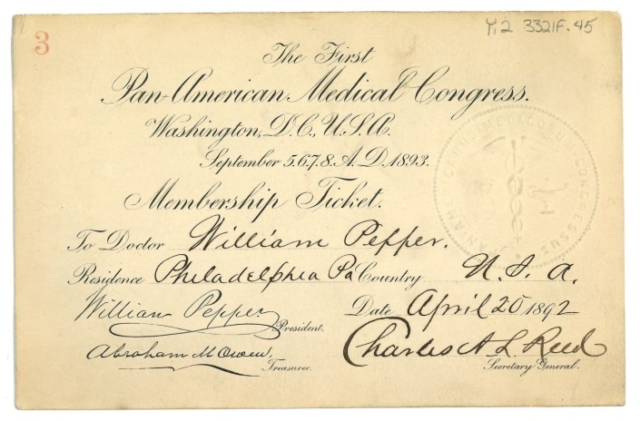Photograph of William Pepper membership ticket to the First Pan-American Medical Congress