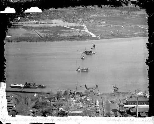 Tacony-Palmyra Bridge construction, Tacony, Philadelphia (P.8990.8496): The “Y” formation of the roads in the image (above) was identified in the Google Maps view (below) in order to identify that the image is looking southeast towards New Jersey at the earliest stages of bridge construction.
