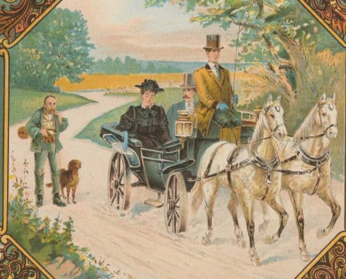 The central vignette showing a chauffeured carriage on a dirt road transporting a wealthy couple past an indigent man, presumably a victim of the Panic of 1893, epitomizes this sentiment.