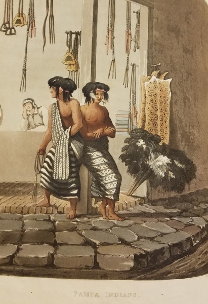 Vidal, Emeric. Picturesque Illustrations of Buenos Ayres and Monte Video. London: R. Ackermann, 101 Strand, 1820. Balling Ostriches. Pampa Indians.