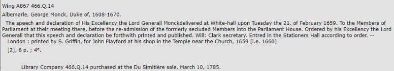 Catalog entry showing the printer as "S. Griffin", or Sarah Griffin, widow of the printer Edward Griffin