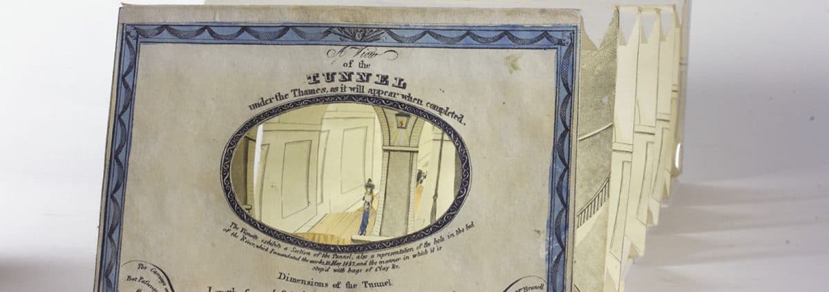 Oblique view of extended tunnel book A View of the Tunnel under the Thames, as it will Appear When Completed (London: S. E. Gouyn, 1828).