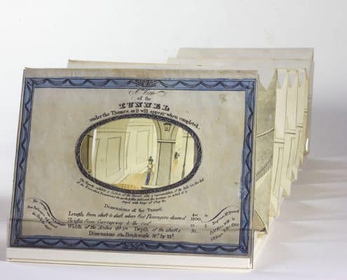 Oblique view of extended tunnel book A View of the Tunnel under the Thames, as it will Appear When Completed  (London: S. E. Gouyn, 1828).