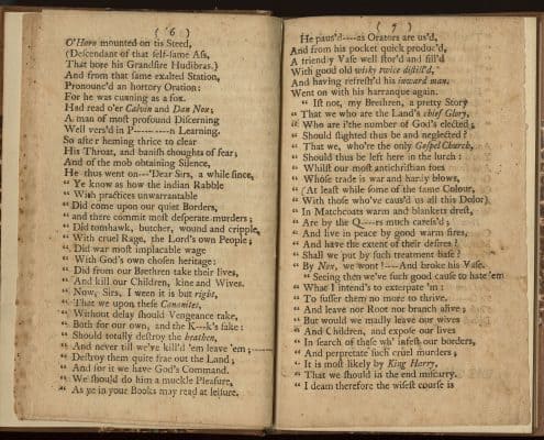 Example of a scanned pamphlet. This one is from a poem titled “The Paxtoniade” (Am 1764 Gym [795.D.24]). The title and content are meant to parody the epic poetry genre (Homer’s Iliad being a famous example). The poem describes the events leading to the Paxton Massacre. It mocks the Paxton Boys and their motivations, with a clear anti-Paxton bias from the author.
