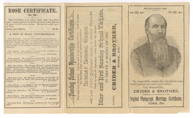 Crider circular/caption: Crider & Brother, Publishers and Proprietors of the Original Photograph Marriage Certificates, York, Pa. (York, Pa., 1884). Gift of David Doret.