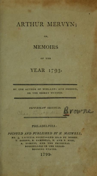 Title page from Arthur Mervyn. (Philadelphia, 1799).