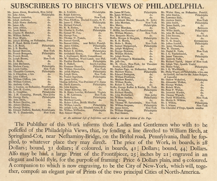 Subscribers to Birch’s Views of Philadelphia, [1800].