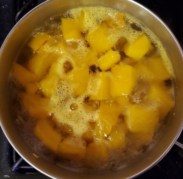 Boiling cubed pumpkin in a pot