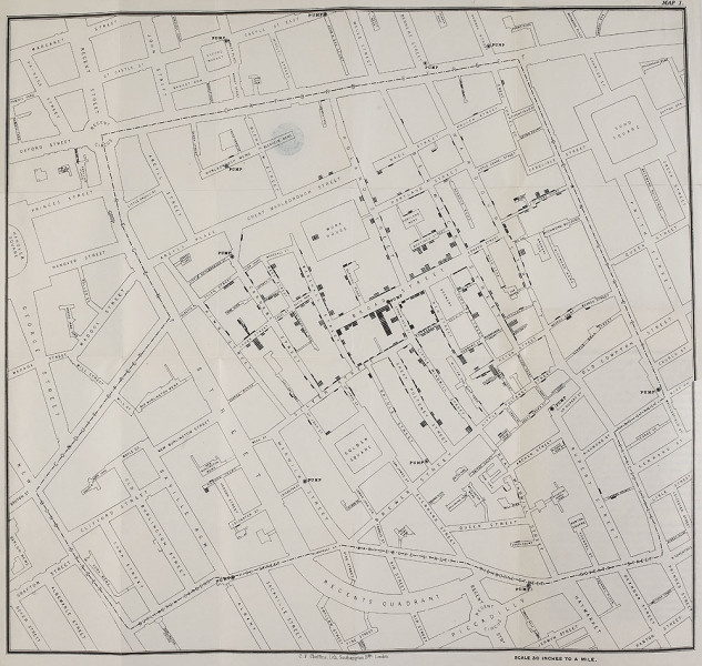 John Snow's cholera map, a pioneering work of data visualization which convinced local council to famously remove the handle from the water pump, ceasing the outbreak.