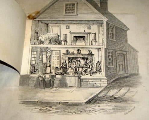 Lithograph of Birthplace of Benjamin Franklin, in Milk St., Boston, Jan. 6. 1705-6. O.S. as reproduced at the Fair of The Boston Young Men's Christian Association, Decr. 25 1858. J.H. Buffords lith., 1858.