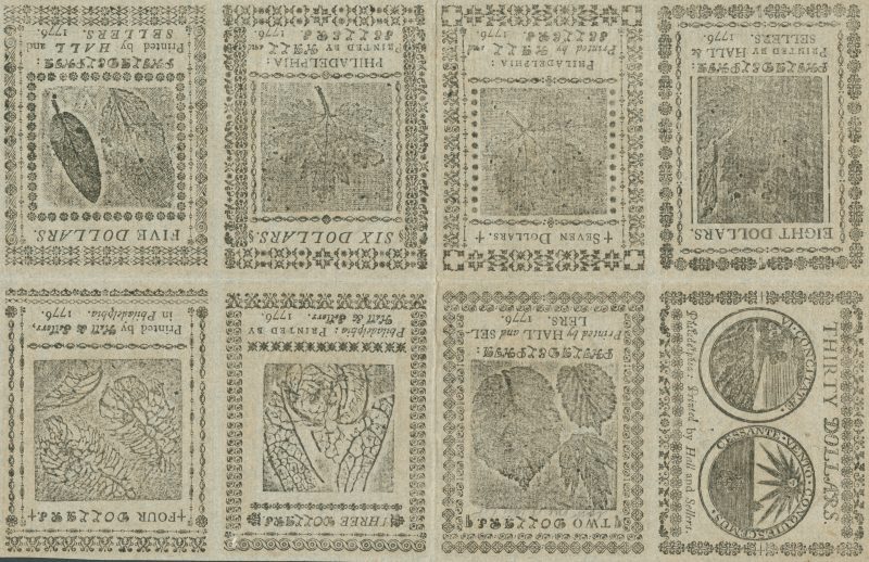 Undivided sheet of Continental Currency, printed on blue paper for use as a counterfeit detector (Philadelphia: Printed by Hall and Sellers, 1776).