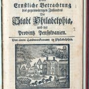 Gothic-style text above a scene of horses pulling a wagon through a town with a human figure in the sky.