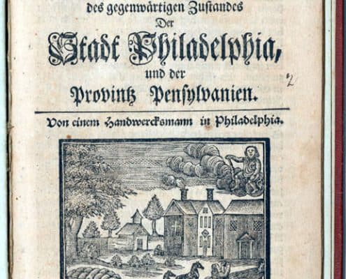 Gothic-style text above a scene of horses pulling a wagon through a town with a human figure in the sky.