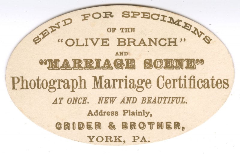 “marriage scene” trade card/caption: Send for Specimens of the "Olive Branch" and "Marriage Scene." … Address Plainly Crider & Brother, York, Pa. (York, Pa., ca. 1880). Lithograph with gilt.
