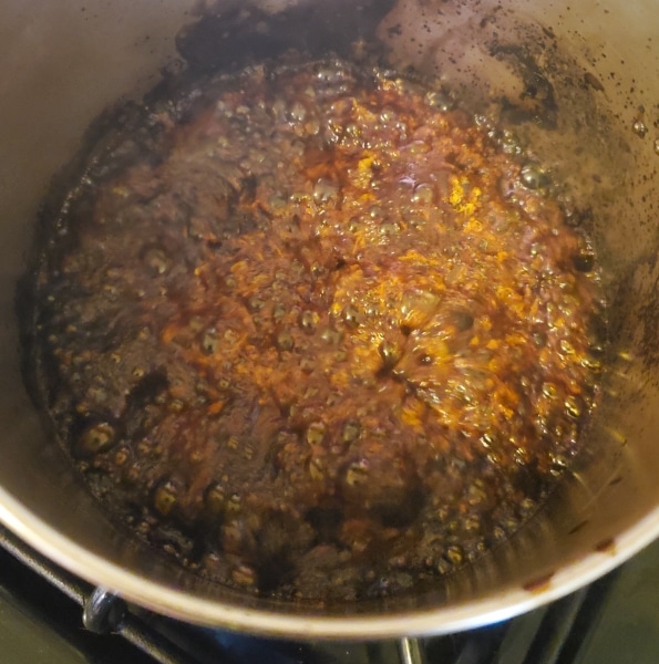 Syrup boiled until dark brown Syrup boiled until dark brown