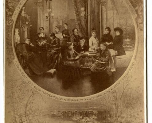 A manipulated photograph depicting twelve women writers seated together. "Eminent Women," P.2016.73