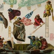 Paper toy of Washington Crossing the Delaware. Some figures separated and displayed apart from the others with rectangular tabs.