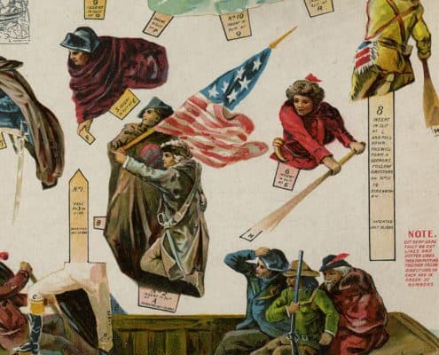 Paper toy of Washington Crossing the Delaware. Some figures separated and displayed apart from the others with rectangular tabs.