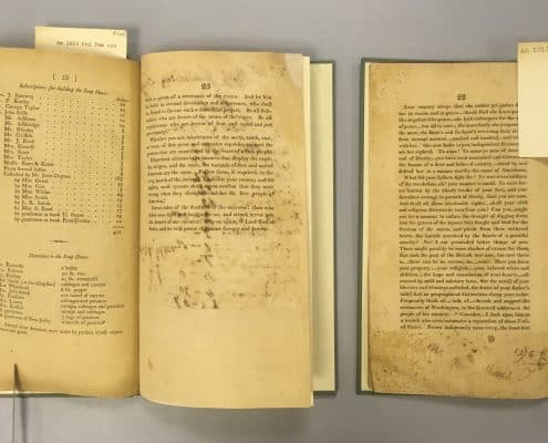 Book on left, with errant leaf in place: Female Association of Philadelphia for the Relief of Women and Children in Reduced Circumstances. The constitution of the Female Association of Philadelphia for the Relief of Women and Children in Reduced Circumstances. Philadelphia : Printed by Jane Aitken, 1803. Book on right, with last leaf missing: Van Pelt, Peter I.,1778-1861. The goodness of God to be praised by men ... : a discourse delivered on the fourth of July, in the North Brick Church / New-York : Printed by Pelsue and Gould, 1812.