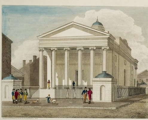 Detail from William Russell Birch’s hand-colored engraving, “Bank of Pennsylvania, South Second Street Philadelphia, Designed & Published by W. Birch Enamel Painter 1804” at the Library Company of Philadelphia.