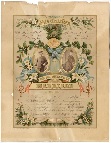 Printed in color and selling for a dollar wholesale, the “orange blossom” certificate was the preference of the about twenty-five-year-old Thomas Radle (b. 1861) and teen-aged Mary Dasher (b. ca. 1867-1894). Containing their portrait photographs, the certificate documents that D.W. Proffitt (1841-1913) of the United Memorial Brethren Church married the couple in September 1885 in Pittsburgh. Thomas appears in a suit, derby hat, and with a cigarette in his mouth. Mary wears a long-sleeve, dark-colored dress with a bustle. Although used in a marriage certificate, and especially given Radle’s pose, the photographs, as with the previous couple, were probably ones the couple already possessed. They had not acquired them for the occasion, although possibly for the certificate. A genealogical record, the certificate’s content also provides a trail of evidence for more concrete information about the couple. Mary, likely a domestic servant before her marriage, passed away in 1894. As traced in census and marriage documents, Thomas, a railroad laborer, then farmer, later marries her sister Clara Dasher (1872-1960). He is listed as widowed and she as his housekeeper in the 1900 census. By the summer of 1900, a Pennsylvania marriage license has been issued to the couple. And in the 1910 census, Clara is described as Thomas’s wife. Weddings are history-making events for the couple married. In the modern era, they can also be history making in terms of cost. The Crider & Brother prints and ephemera are humble, yet symbolic artifacts of wedding commercialization. They are captivating mementoes of wedding practices of the past, while also perspicacious harbingers of wedding practices of today. Erika Piola Associate Curator, Prints and Photographs and Director, Visual Culture Program Sources: Ancestry.com accessed April 16 and 17, 2018. Crider & Brother, Publishers and Proprietors of the Original Photograph Marriage Certificates, York, Pa. (York, Pa., 1884). George Reeser Prowell, History of York County, Pennsylvania (Chicago: J. H. Beers, 1907), vol. 2, 497-498.