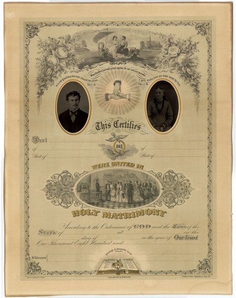 “marriage scene” marriage certificate/caption: Crider & Brother marriage scene-style photograph marriage certificate (York, Pa.: Crider & Brother, 1877). Completed in manuscript in 1879. Color lithograph