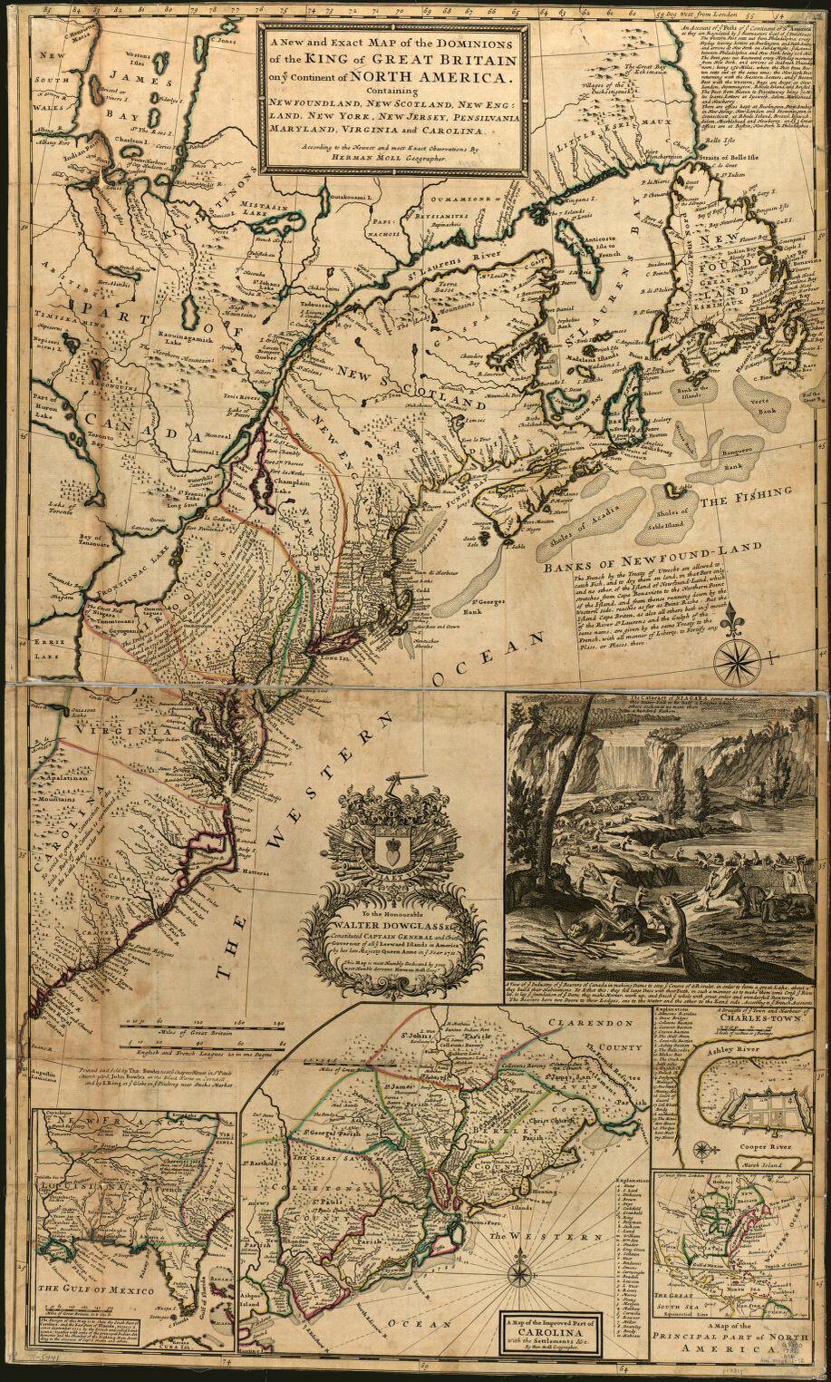 Herman Moll, Thomas Bowles, and John Bowles. A new and exact map of the dominions of the King of Great Britain on ye continent of North America, containing Newfoundland, New Scotland, New England, New York, New Jersey, Pensilvania, Maryland, Virginia and Carolina. London, 1731. Library of Congress. https://www.loc.gov/item/gm71005441/.