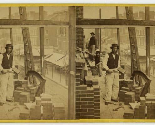 Robert Newell, American Mechanic, Arch Street below 8th, Philada., albumen print stereograph, ca. 1864.