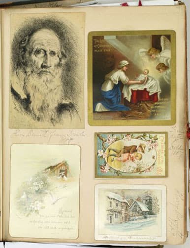 Open scrapbook pages, icon for the exhibition Remnants of Everyday Life: Historical Ephemera in the Workplace, Street, and Home