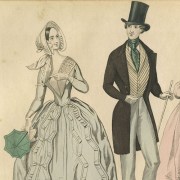 Detail from fashion plate, Graham’s Magazine, July 1842. Right, Anton Hohenstein. Franklin’s Reception at the Court of France, 1778. Philadelphia: John Smith, ca. 1869. Lithograph.