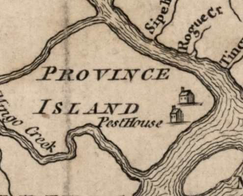 Detail of the pest house on Province Island from A map of Philadelphia and parts adjacent, from Gentleman's Magazine, vol. 23, 1753 p. 373.