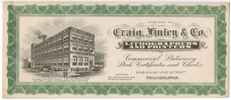 Craig, Finley & Co. Lithographers and Printers (Philadelphia: Craig, Finley & Co., ca. 1930). Photomechanical print.