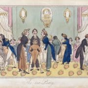 Large group of white women sit in a semicircle around a smaller group of standing white men.