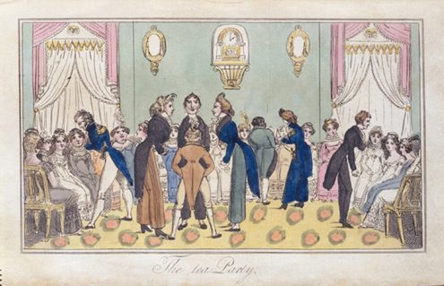 Large group of white women sit in a semicircle around a smaller group of standing white men.